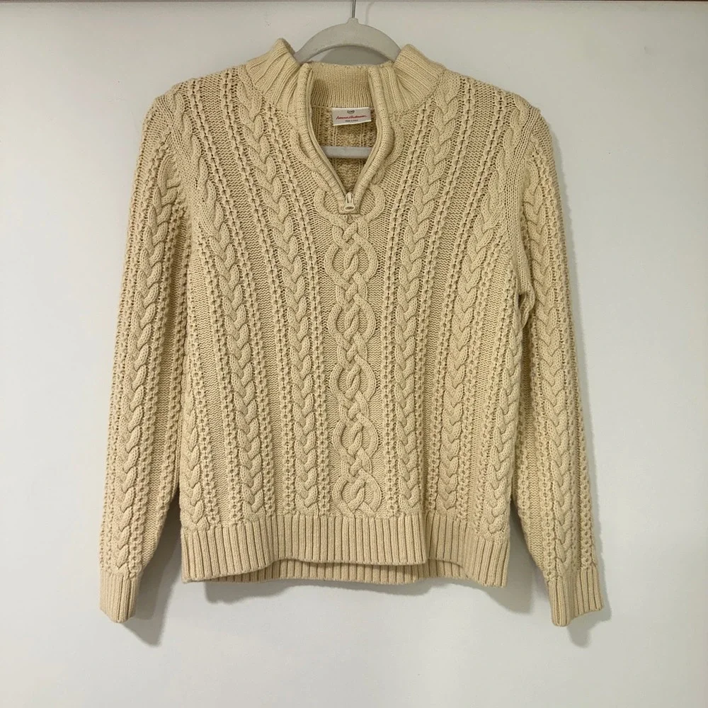 Hanna Andersson Kids Cable Knit Sweater Size 150 Cream Cotton Wool Quarter Zip